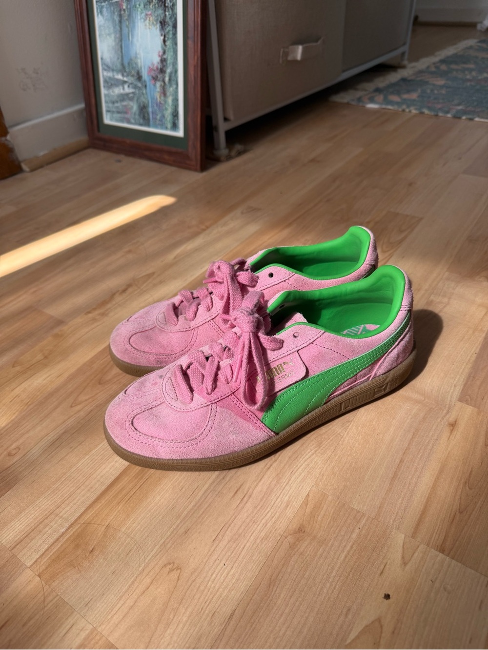 Puma Pink Suede Sneakers with Green Accent